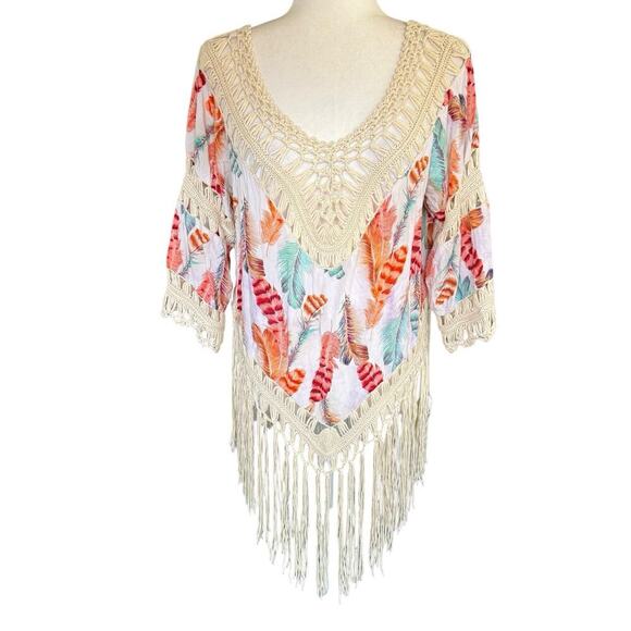 Step In Style Top Women's Bohemian Crochet Front Floral XL Ivory Hippie Coastal - Picture 1 of 11